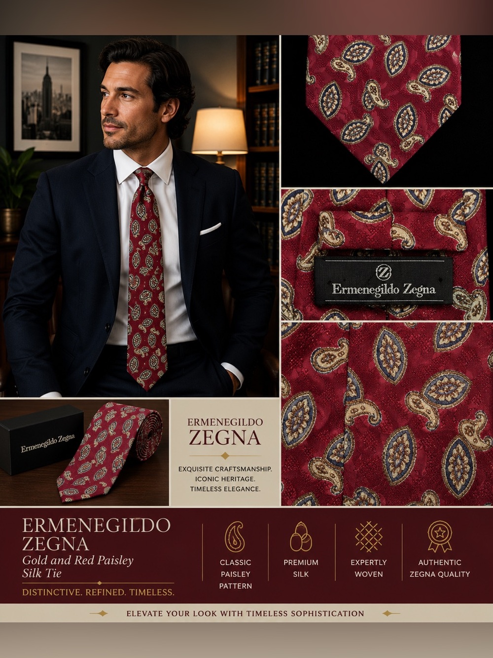 Ermenegildo Zegna Gold and Red Paisley Silk Tie